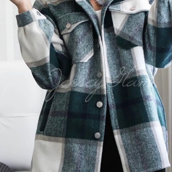 Jackets & Blazers - Plus Green Plaid Oversized Flannel Shacket Shirt Jacket